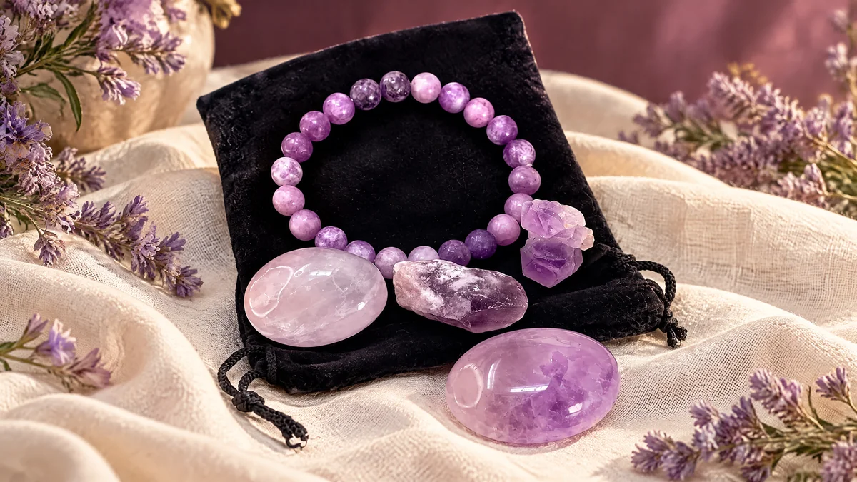 Amethyst and lepidolite crystal gift set with purple bracelet and velvet pouch