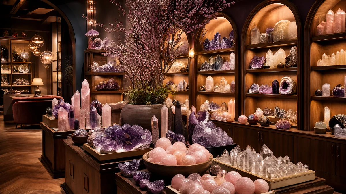 Illustrated boutique crystal shop with colorful mineral displays